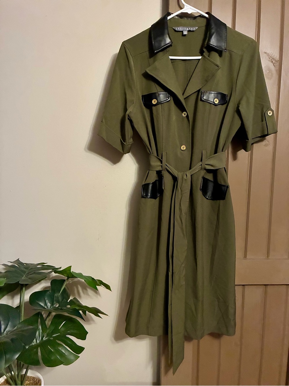 Olive Green Dress with Black Faux Leather Trim